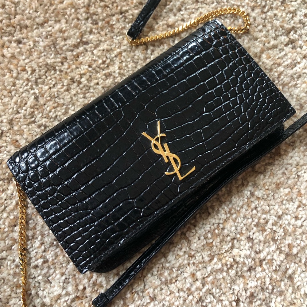 Yves Saint Laurent Black and Gold Croc-Embossed WOC